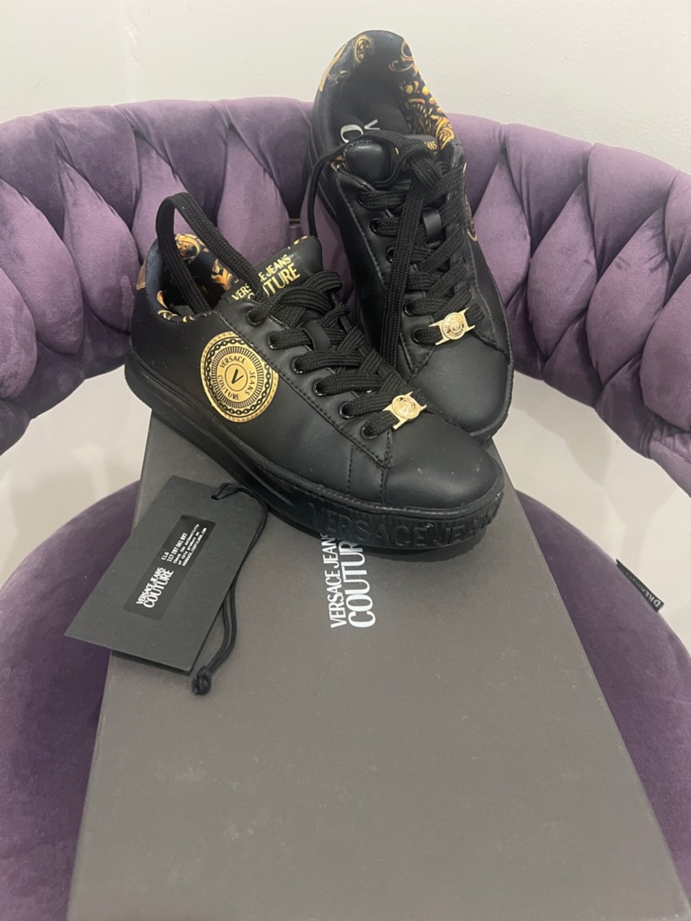 Versace Jeans Collection Black Sneakers with Gold Accents